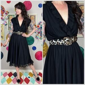 Vintage 1970s Black Marle Knit Surplice V-Neck Sleeveless Midi Dress